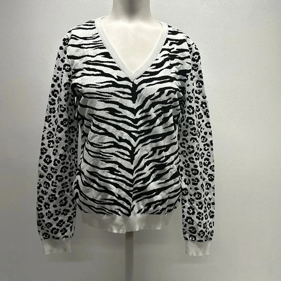Moschino Sweater V-Neck Long Sleeve Knit Animal Print Black White Size Small * - Picture 1 of 8